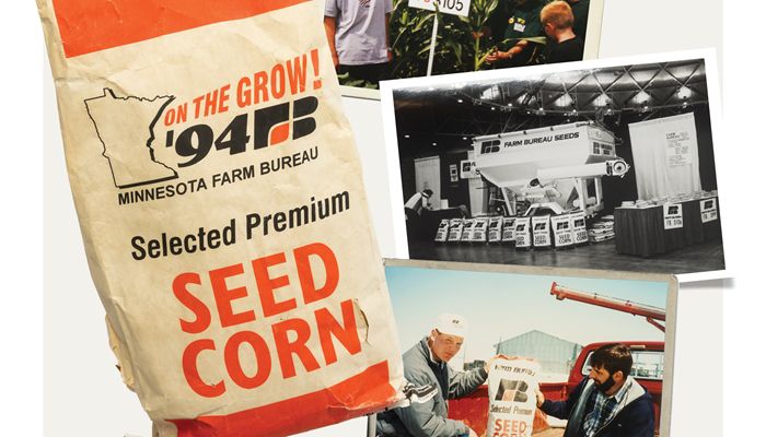 collage of three archive photos and a bag of seeds