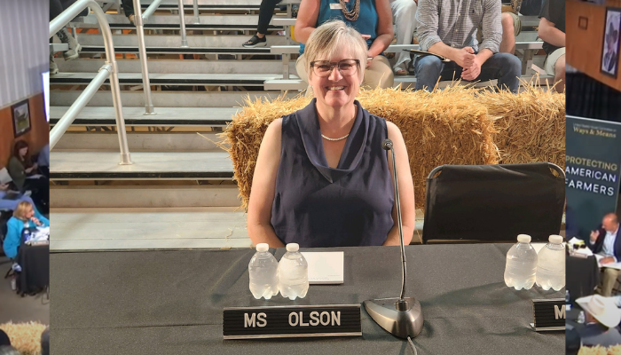 woman sitting at table behind a microphone