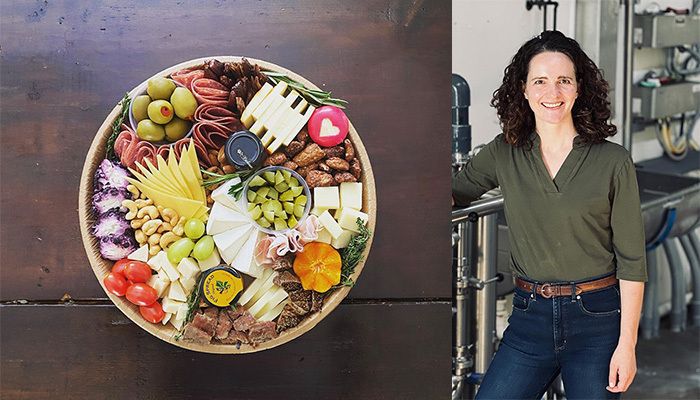 overhead photo of charcuterie board and author Rita