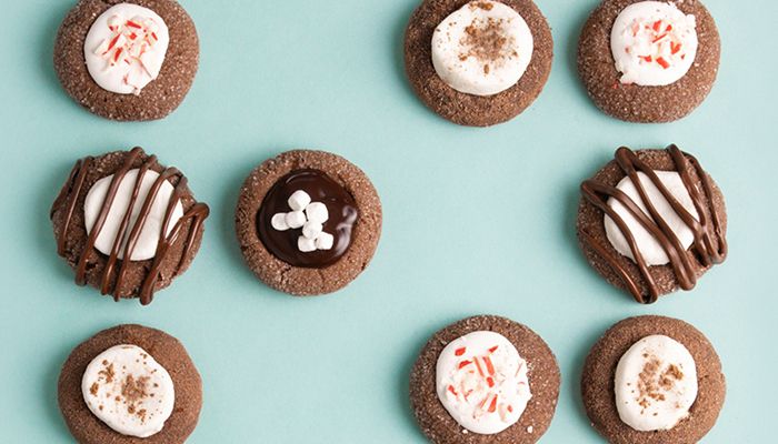 overhead photo of hot chocolate thumbprint cookies