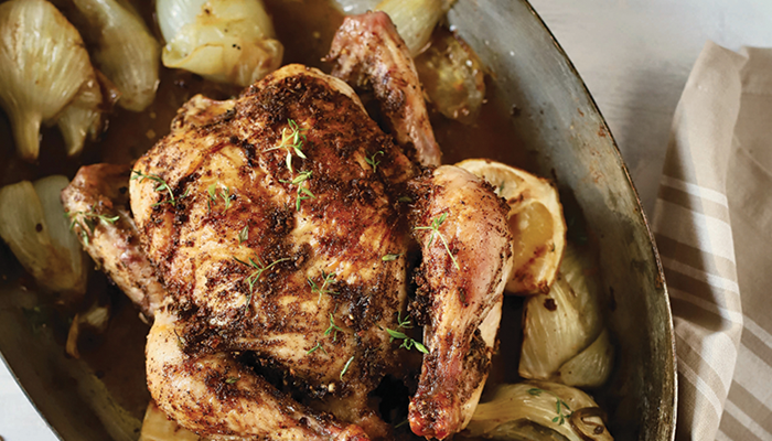 overhead photo of roast chicken