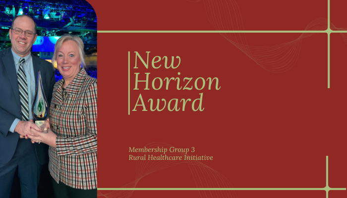 infographic with new horizon award and photo of two people holding an award