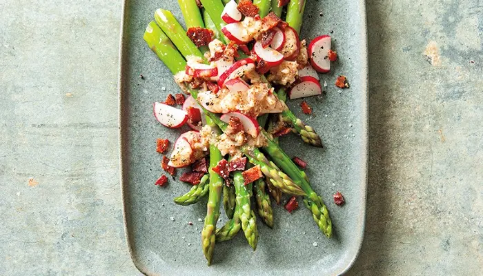 overhead shot of asparagus salad