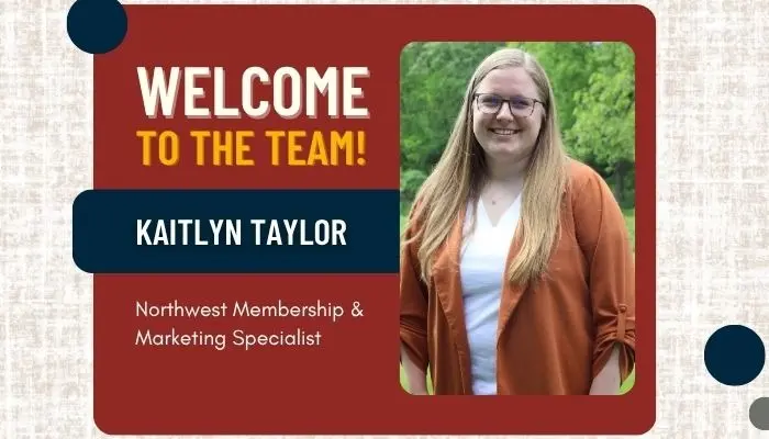Photo of Kaitlyn Taylor with welcome to the team text