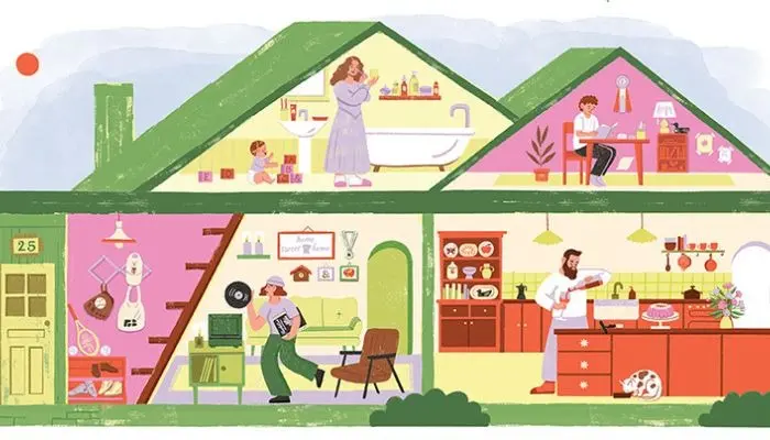 Illustration of a home with a family inside along with objects that come from a farm