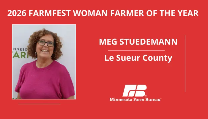 Graphic saying 2026 Farmfest Woman Farmer of the Year with a photo of Meg Stuedemann