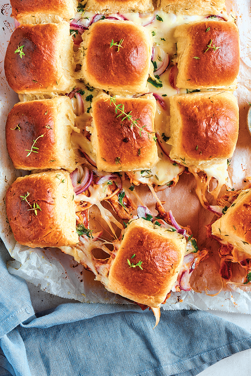 overhead photo of group of bbq chicken sliders
