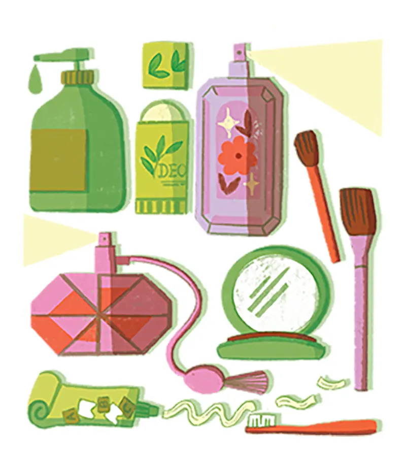 Image of bathroom supplies including makeup and soap