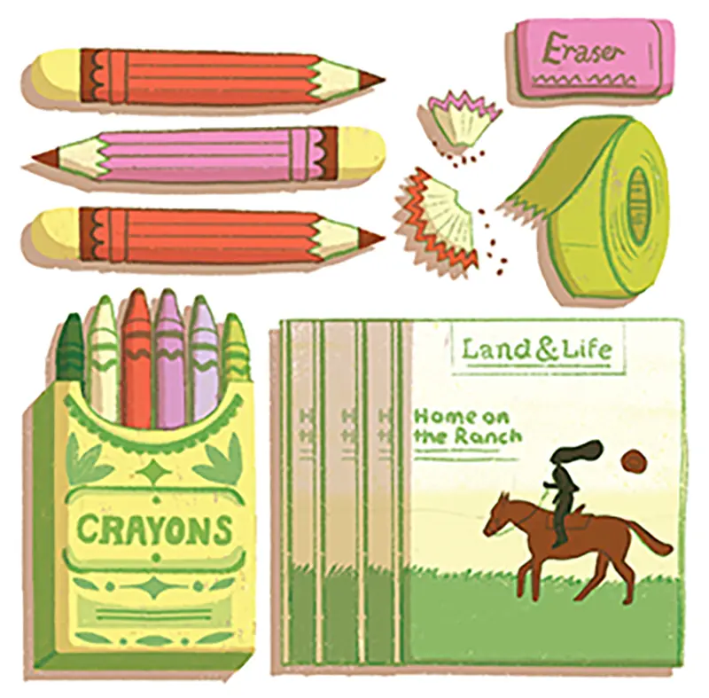 Office supplies including crayons, pencils, eraser, and Land & Life Magazine